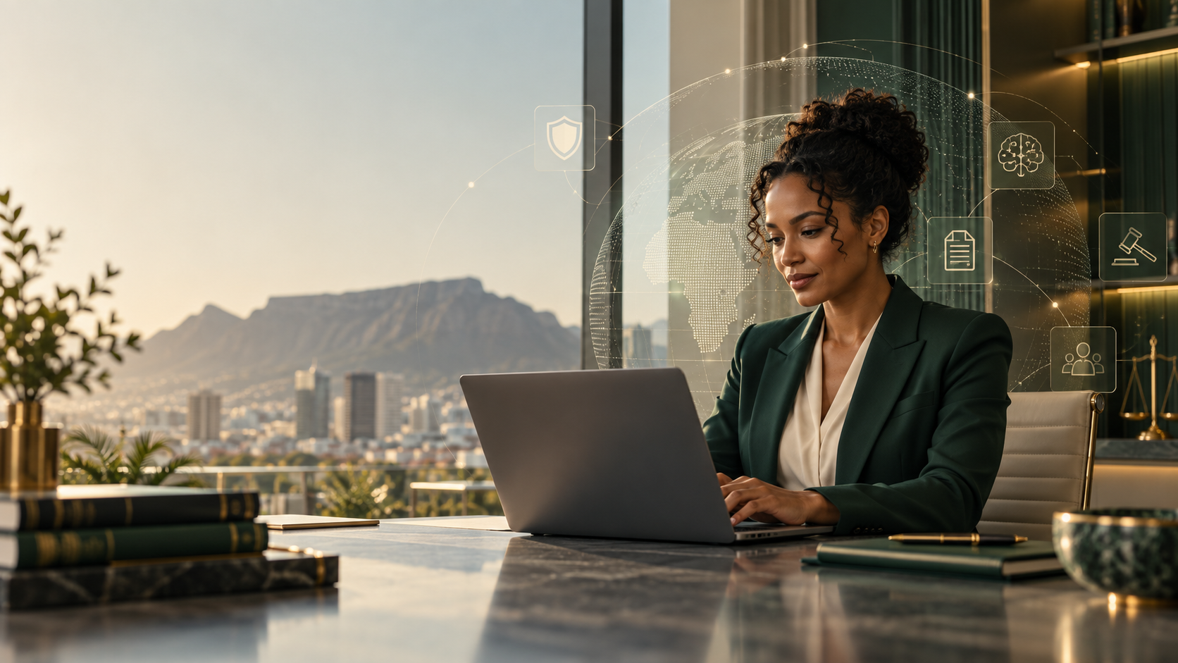 Professional using AI technology in a legal and business environment