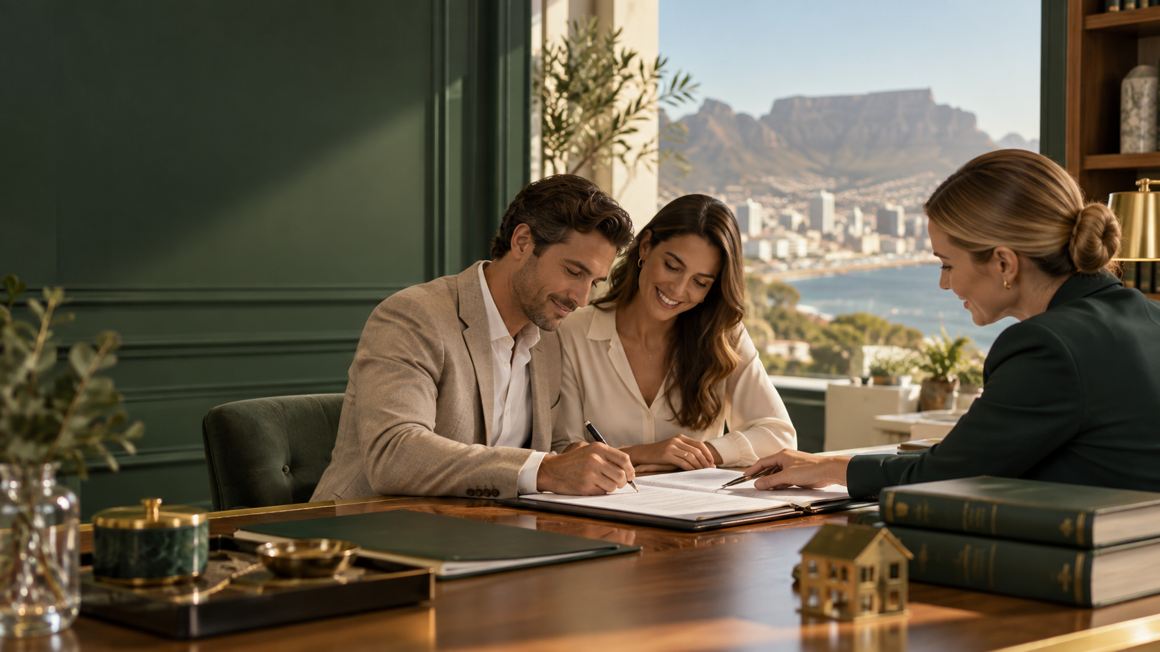 Purchasers signing property transfer documents with an attorney in Cape Town